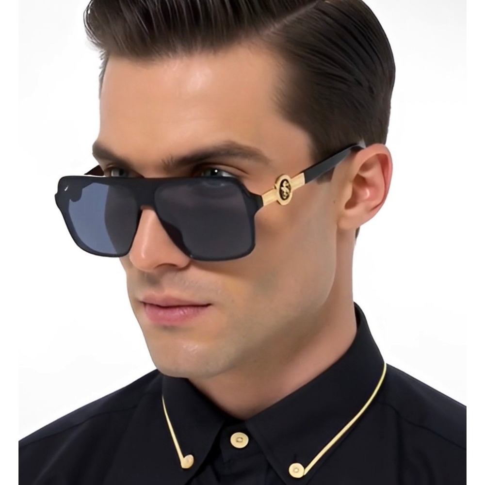 Men Sunglasses Classy Square‎ Dark Black Lens Cholo Style Hip Hop Flat Top Gold